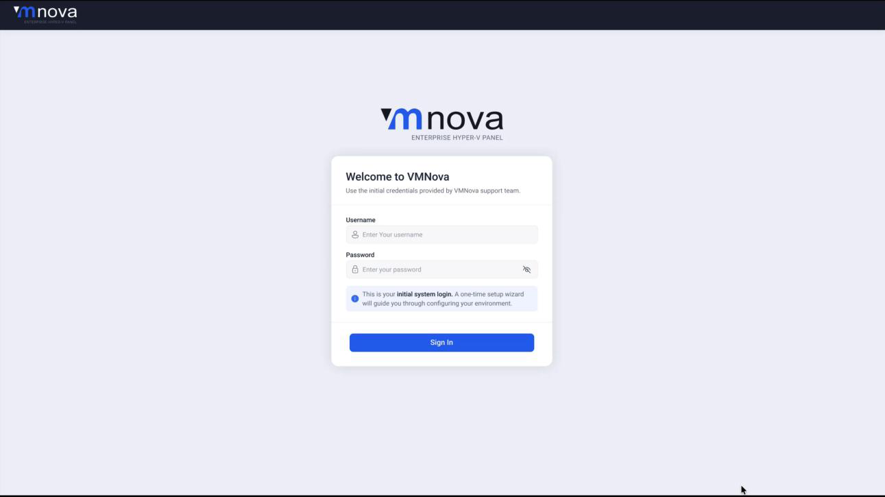 VMNova self-hosted control panel secure login screen